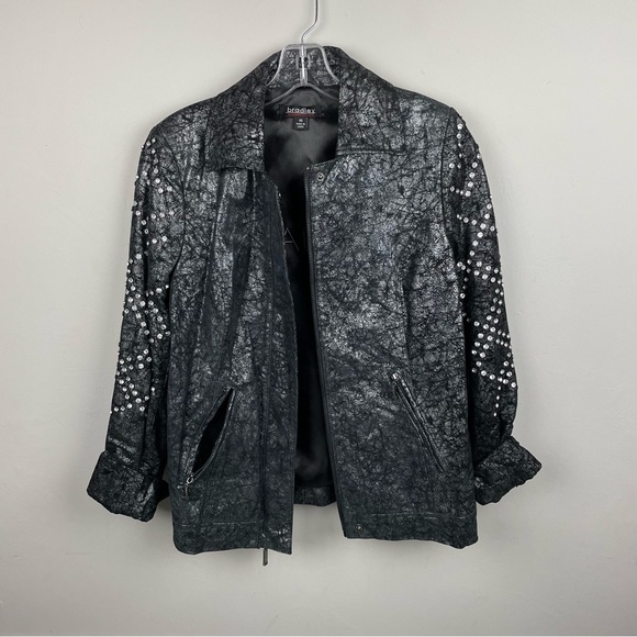 Bradley Bayou Black Silver Metallic Leather Moto Jacket with Rhinestones XS - Picture 3 of 13